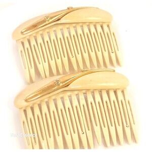 Vtg 1970's Alexandre Hair Comb Pair Made In Italy Beige Gold RARE